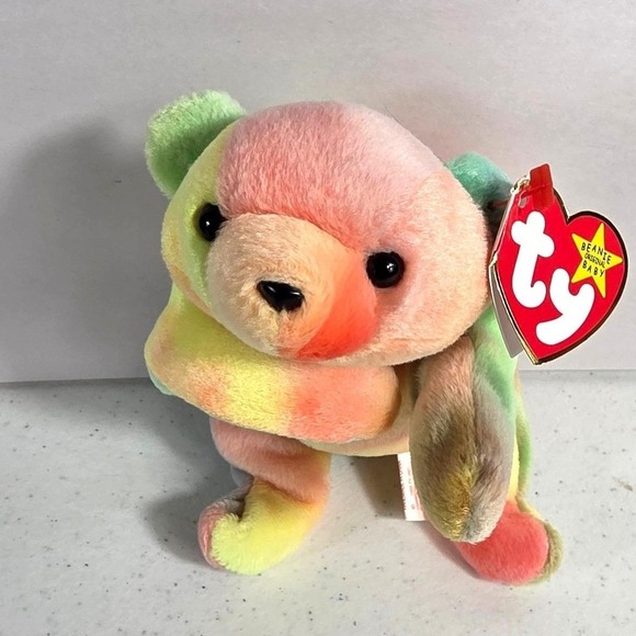 Rare Ty Beanie Baby Sammy Bear 1998 Rainbow Tie Dye Plush Toy With Tag Errors